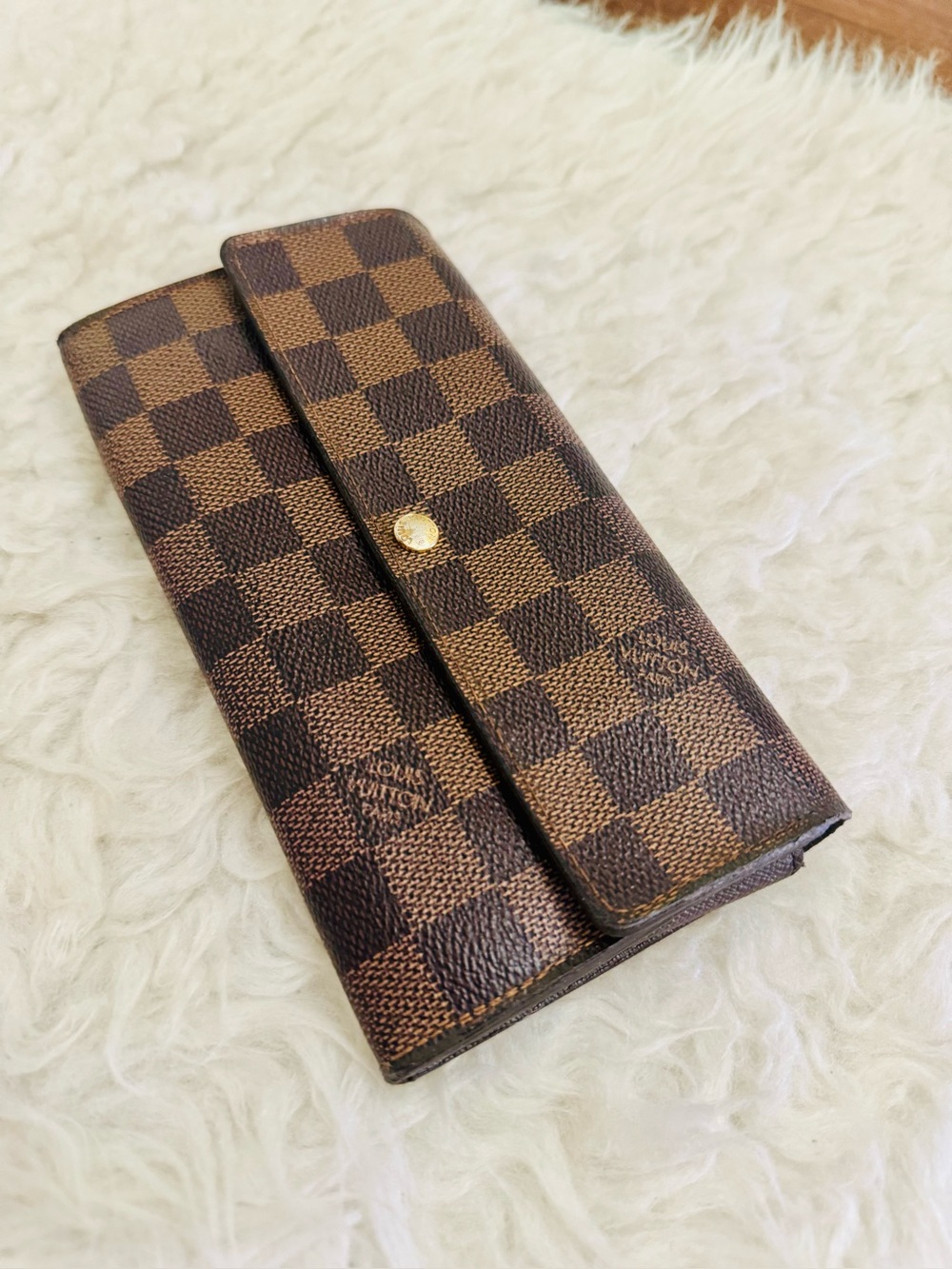 Louis Vuitton Damier Ebene Check Fold Wallet with Gold Button
